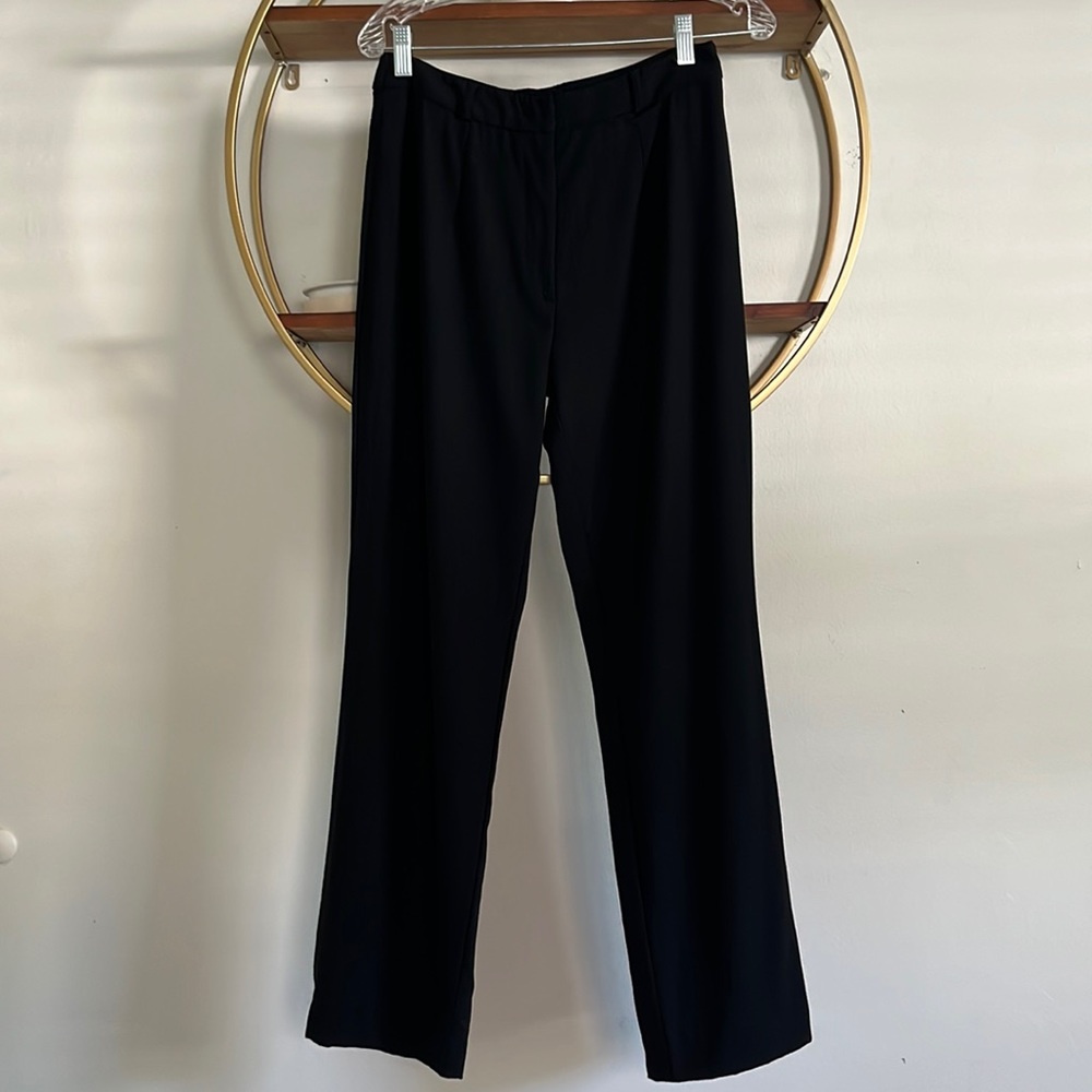 Donna Karan High Rise Slim Wide Leg Wool Blend Black Pinstriped Trousers 4